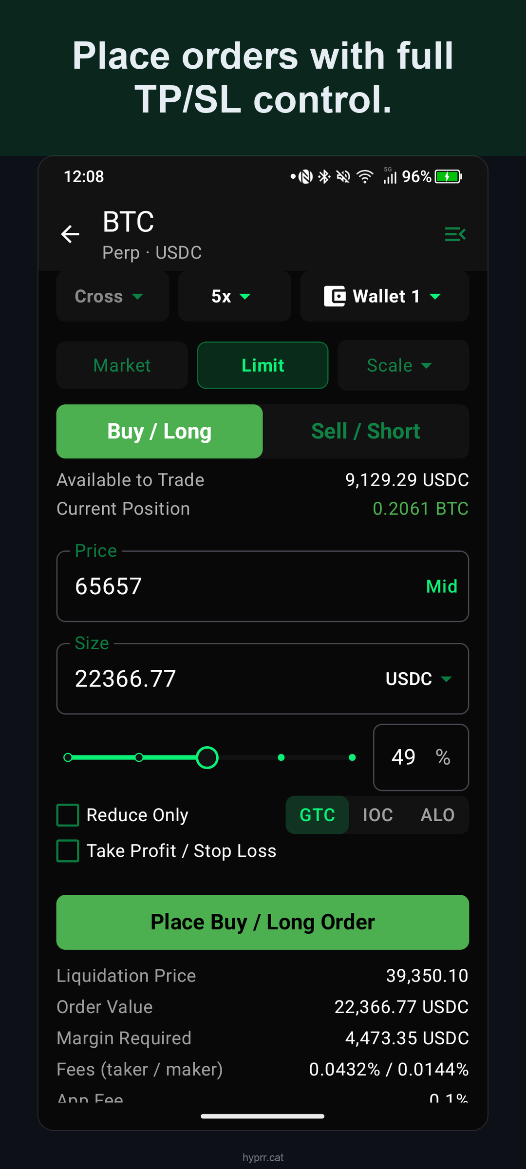Order ticket with TP/SL control