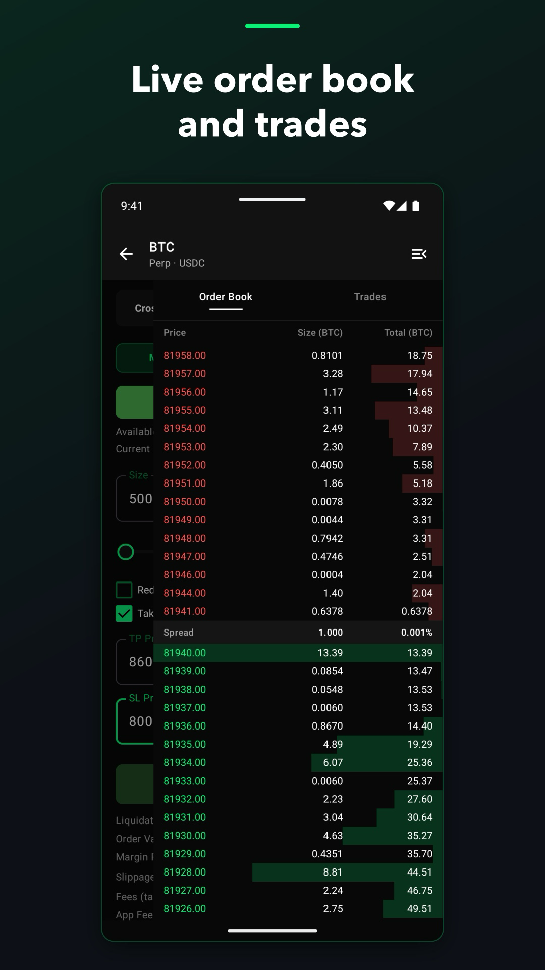 Live order book over the order ticket