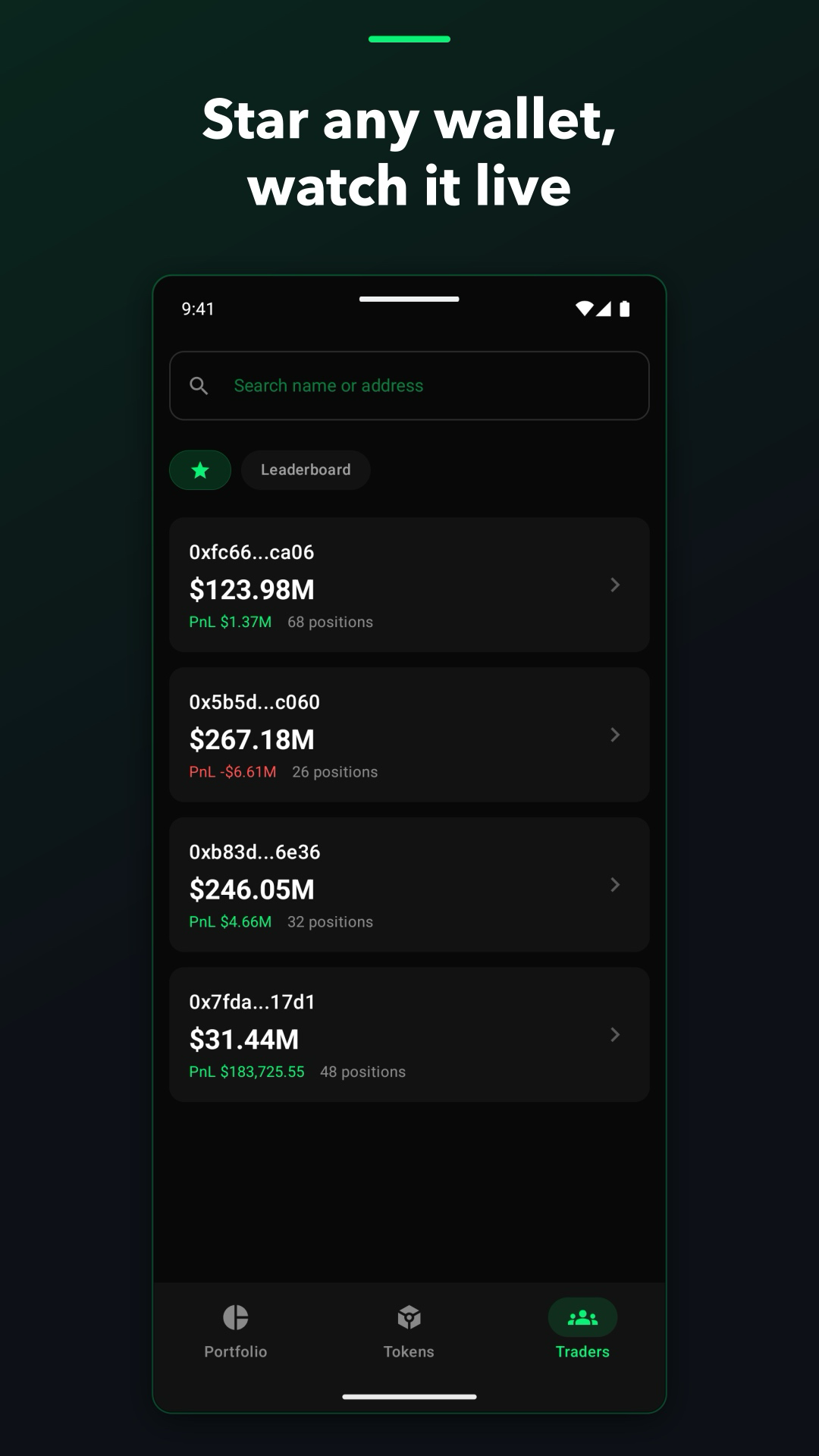 Favorite wallets with live equity and PnL