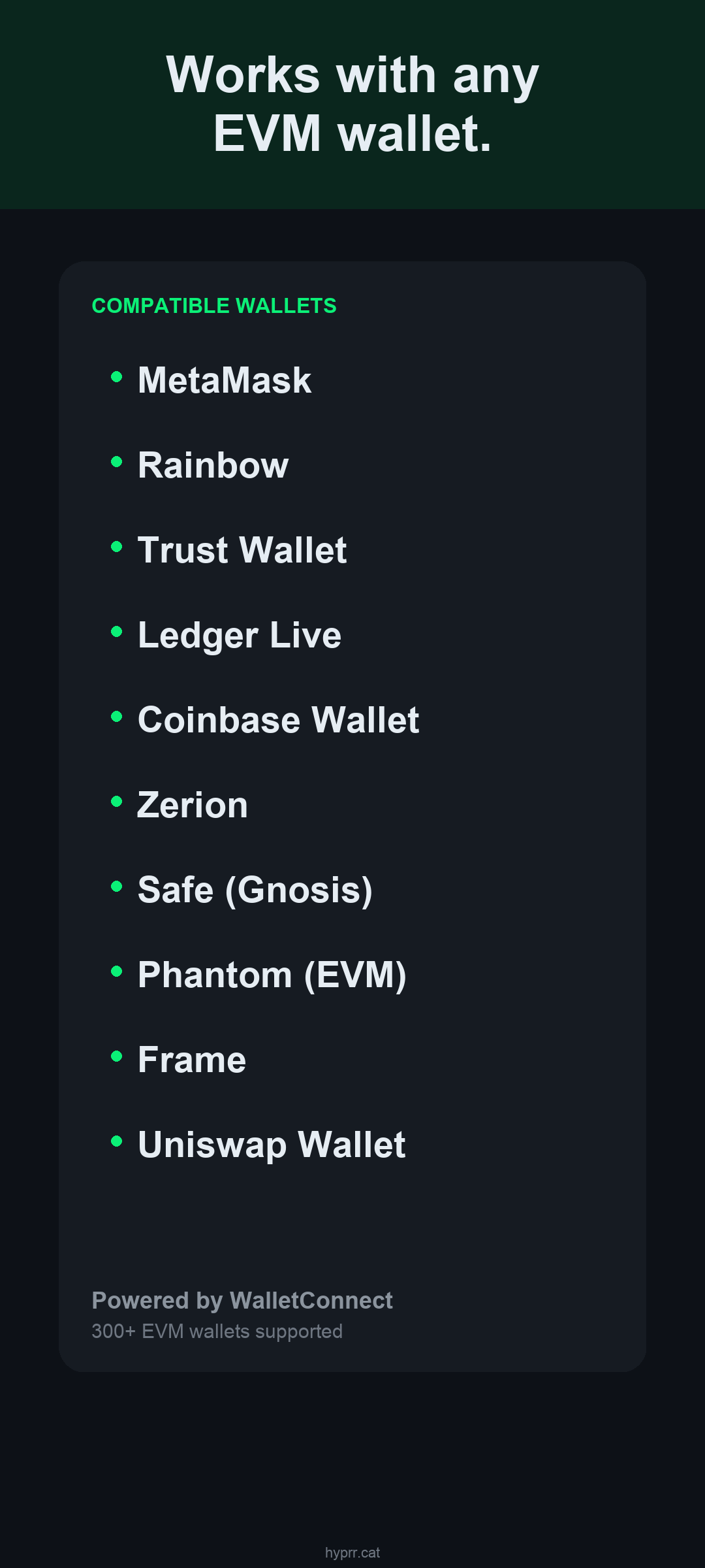 Works with any EVM wallet via WalletConnect