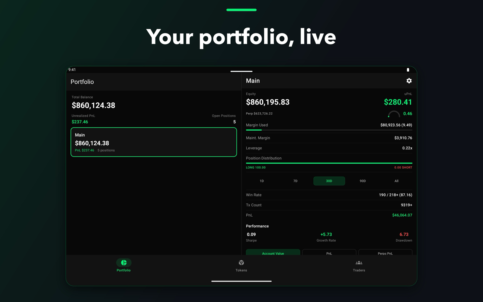 Portfolio and wallet detail side by side on tablet