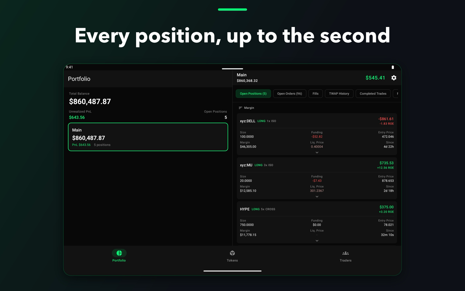 Open positions next to the portfolio on tablet