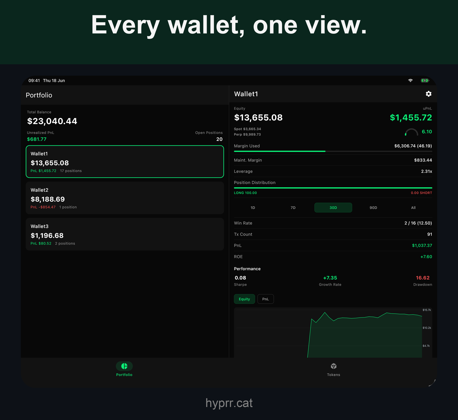 Portfolio and wallet analytics side by side on tablet